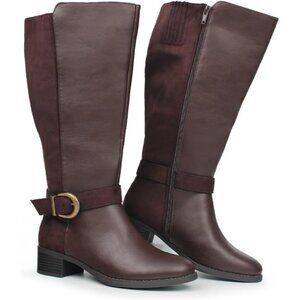 ⚡Women's Brown Synthetic Extra Wide Calf Pull On Side Zipper Knee High Boots